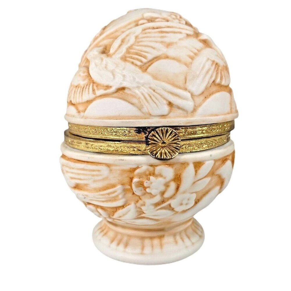 Vtg Porcelain Hinged Egg Trinket Box Bird Floral Lid Gold Accents Bird